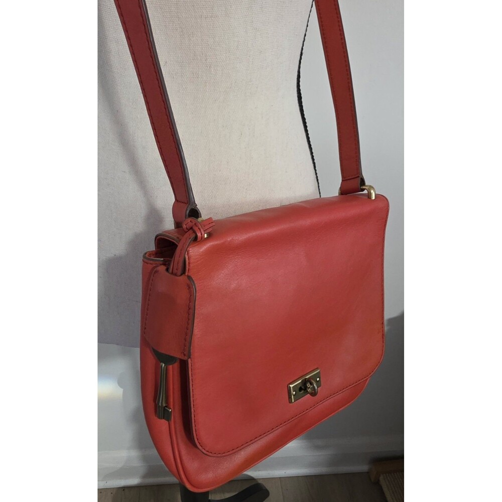 Cool Fossil Crossbody Red Orange Leather Foldover Flap Brass Key Turn Lock EuC